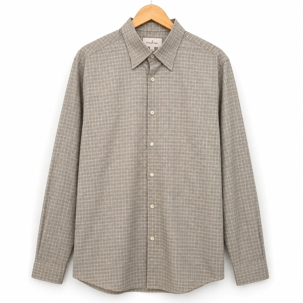 Ermenegildo Zegna Mens XXL Cotton Linen Button Up Shirt Made in Italy Tan Grey